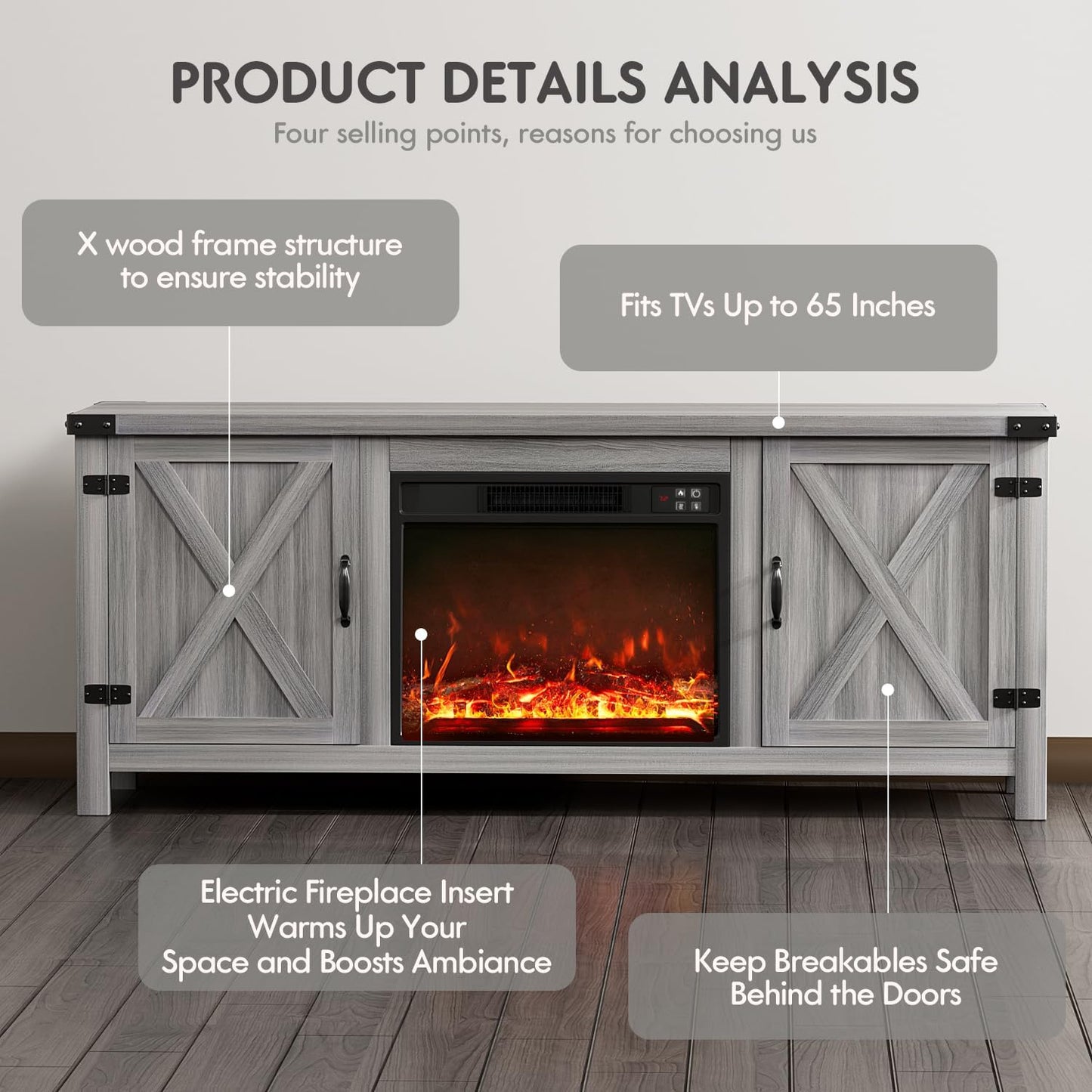 YESHOMY Fireplace TV Stand with Two Barn Doors and Storage Cabinets for Televisions up to 65+ Inch, Entertainment Center Console Table, Media Furniture for Living Room, 58 Inch, Gray Wash
