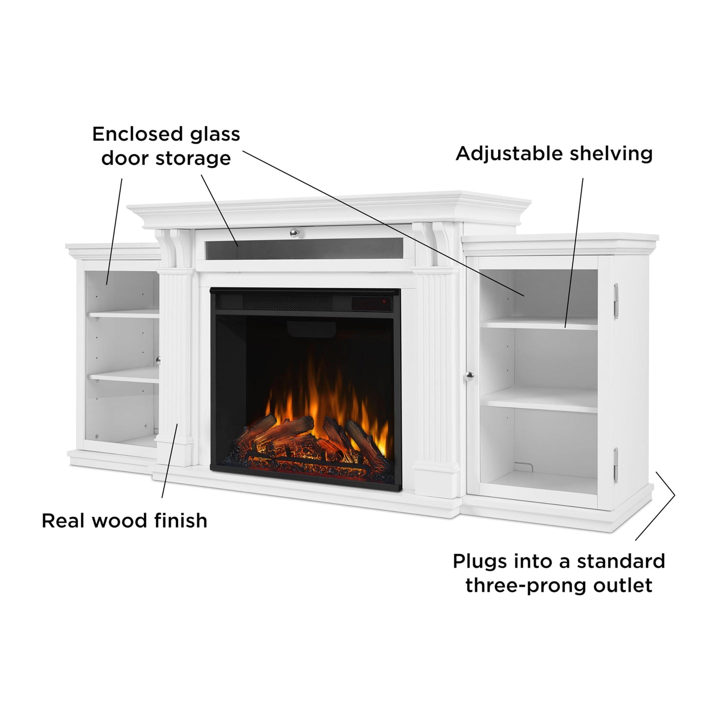 Real Flame Calie 67" TV Stand with Electric Fireplace in White, Entertainment Center with Electric Fireplace, Living Room TV Stand with Fireplace, fits up to 65" TV