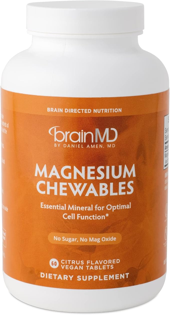 BRAINMD Dr Amen Magnesium Chewables, Citrus - 60 Chewable Tablets - Essential Mineral for Optimal Cell Function - Supports Memory & Focus - Gluten Free - 60 Servings