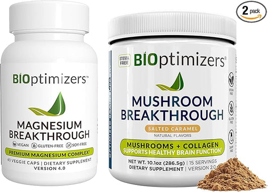 BiOptimizers Magnesium Breakthrough 4.0, (60 Capsules) & Mushroom Breakthrough Powder (Salted Caramel, 15 Servings) - Natural Sleep and Brain Superfood & Supplement Bundle