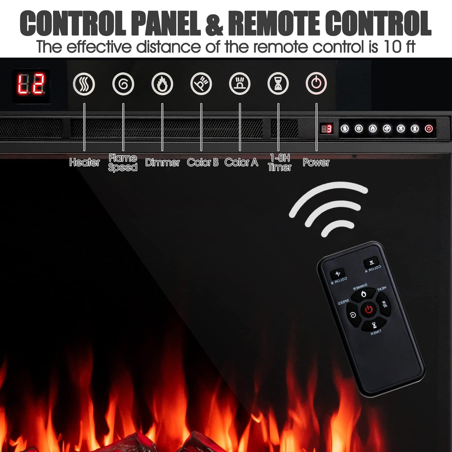 COSTWAY 37-Inch Electric Fireplace, Wall-Mounted and Recessed Fireplace Heater with 4 Flame and Log Colors, 5-Level Flame Speed and Brightness, Remote Control, 8H Timer, Overheat Protection, 1500W