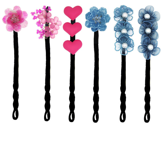 JDXN Shining Flowers Deft Magic Donut French Twist Hairstyle Hair Accessories for Girls (6PCS Pink + Blue Set 3)