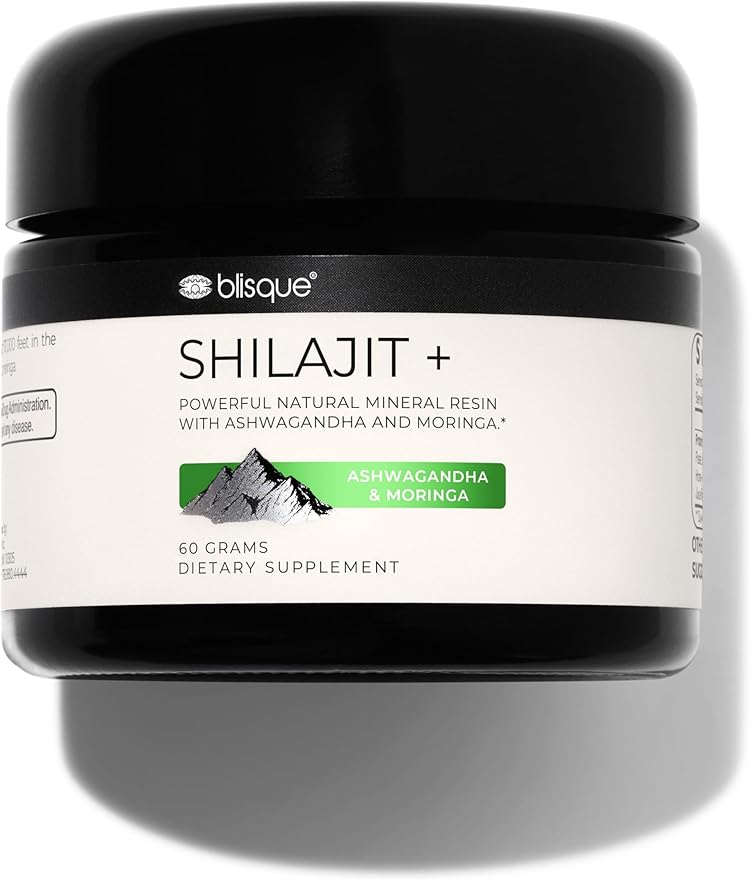 Blisque - Pure Himalayan Organic Shilajit Resin Supplement | with Organic Ashwagandha and Moringa | Authentic and Natural | Golden Grade A | Contains Fulvic Acid and Trace Minerals | 60 Grams