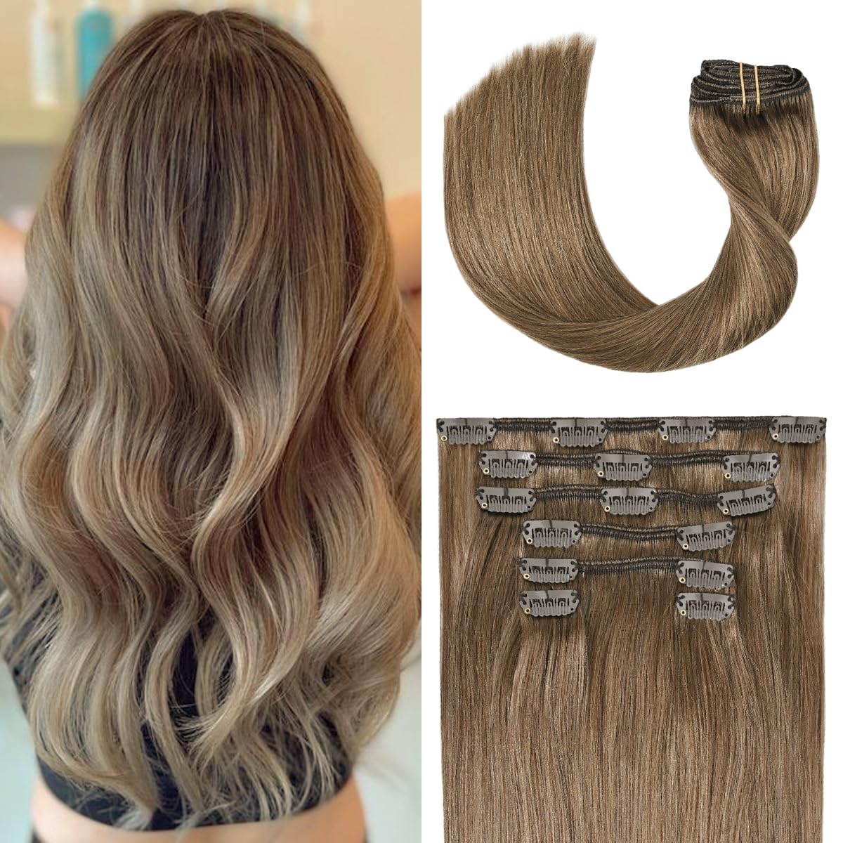 UGOTRAYS Ash Brown Clip in Hair Extensions Real Human Hair, 70G Remy Human Hair Clip in Extensions 12 Inches Soft Silky Straight for Full Head 7pcs 16clips One Pack (12 Inch #8 Light Brown)