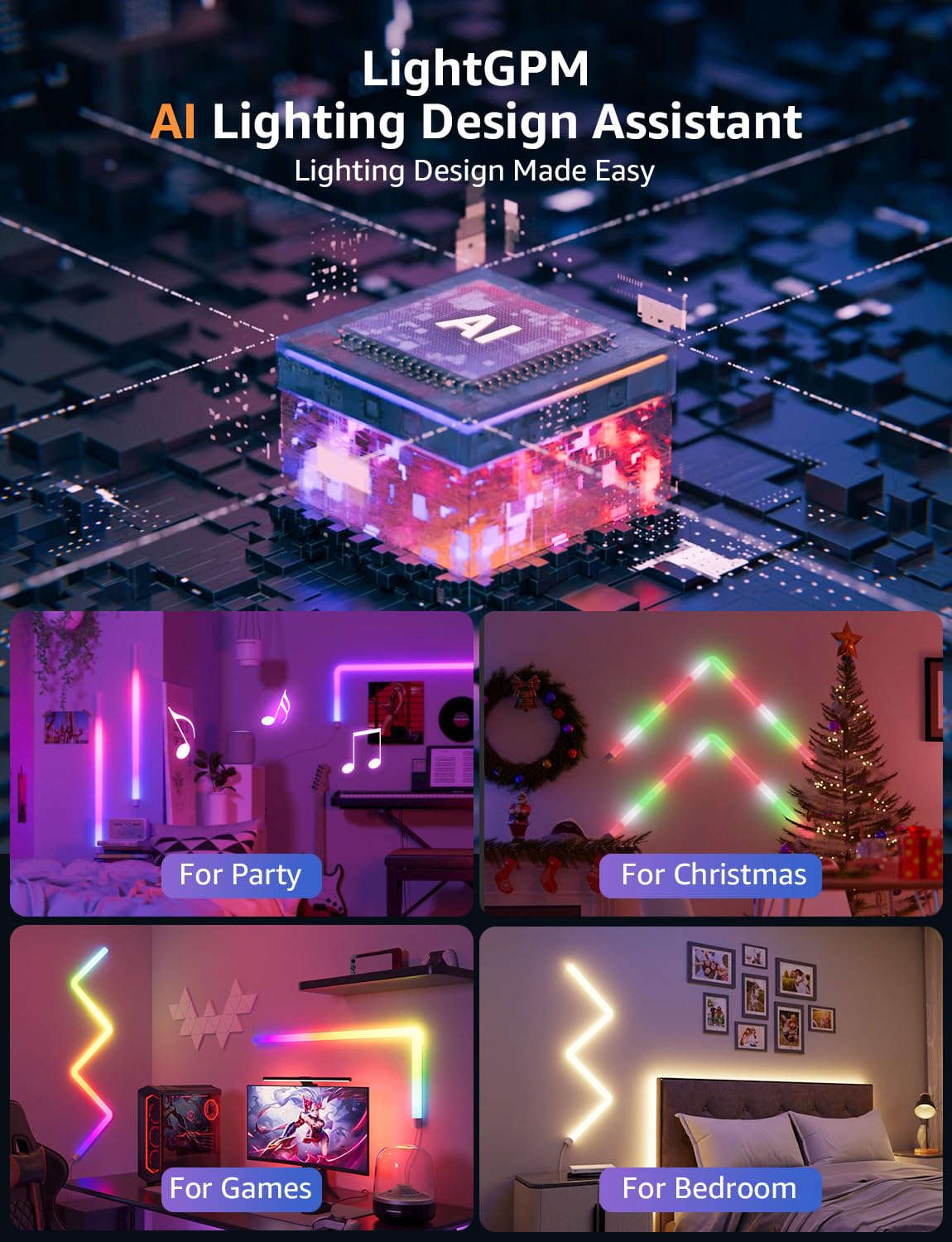 Lepro WL1 AI Smart RGB Wall Lights for Christmas Decorations, LLM AI Generated Lighting with LightBeats Music Sync, Voice Control Via App, Wi-Fi & Bluetooth LED Light Bars, 8 Pcs with 4 Corners