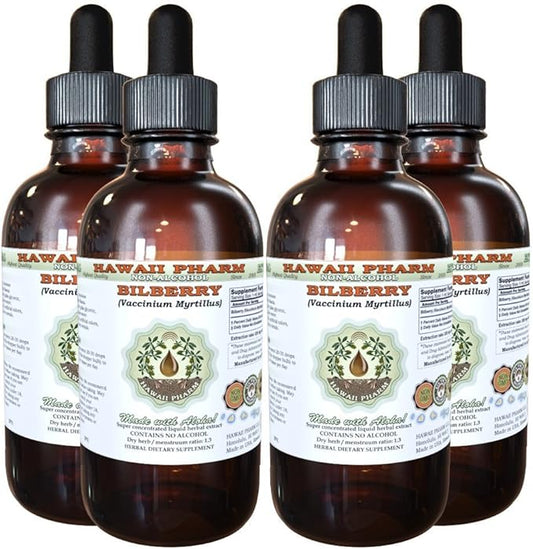 Bilberry Alcohol-Free Liquid Extract, Organic Bilberry (Vaccinium myrtillus) Dried Leaf Glycerite Hawaii Pharm Natural Herbal Supplement 4x4 oz