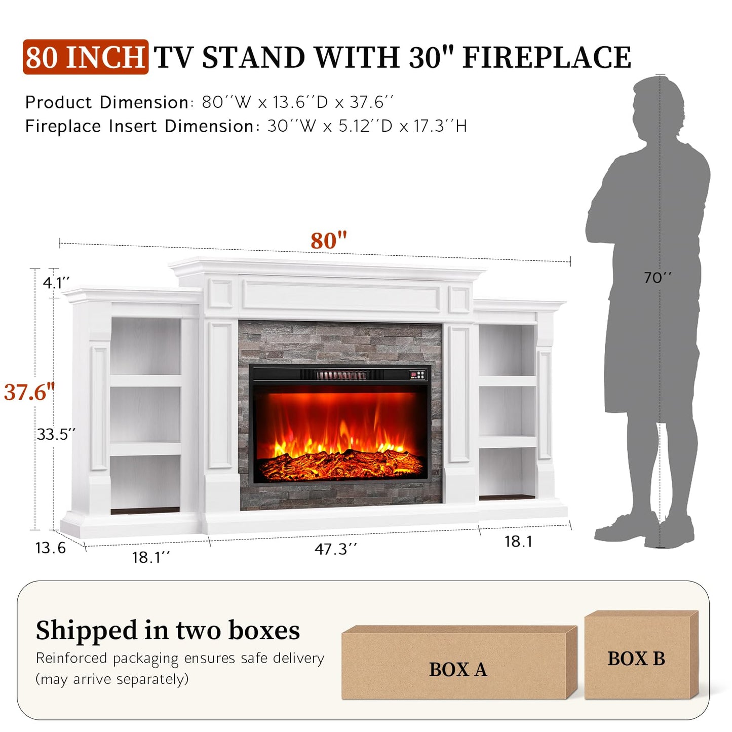 80" Electric Fireplace with Mantel, Fireplace TV Stand for TVs Up to 90 Inch, Modern Entertainment Center with Storage, Realistic Stacked Stone Surround with Remote Control for Living Room, Bedroom