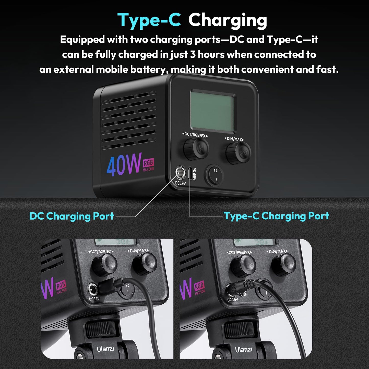 ULANZI 40W Pro RGB Portable LED Video Light w DC Power Adapter, 3400mAh Build-in Battery Metal Mini Adjustable Color Temperature COB Continuous Output Lighting Handheld Spotlight 2500K-6500K for Video