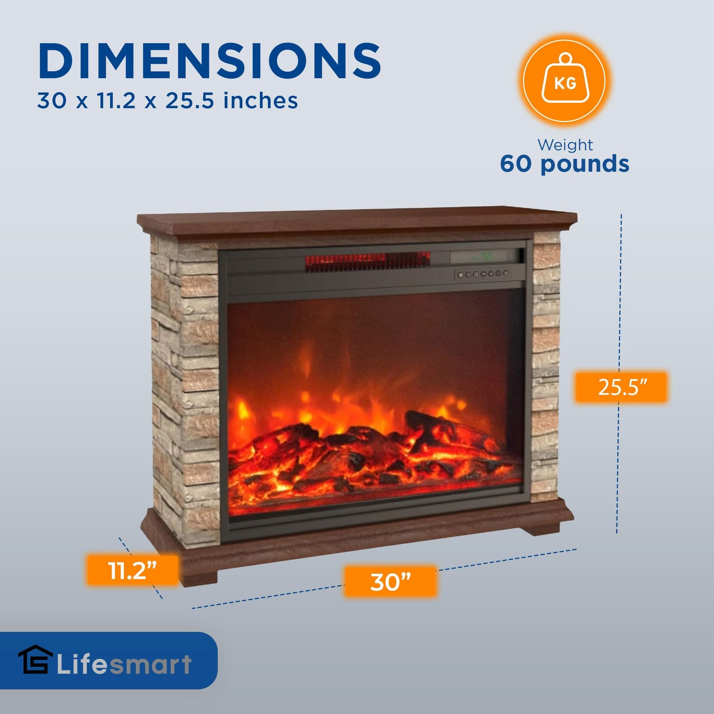 LifeSmart Electric Fireplace Heater w/ 3 Heating Elements, 1500W, Faux Stone & Oak Wood - Mounted Indoor Infrared Heater for Home, Bedroom, and Living Room