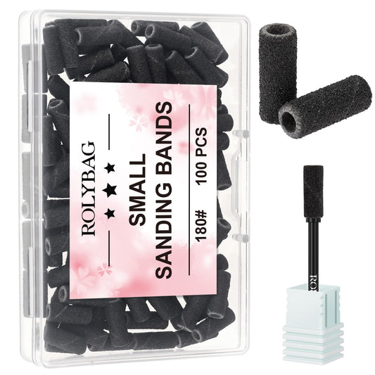 Rolybag 100pcs Small Sanding Bands Nail Drill Bits 180 Fine Grit Nail File Sanding Bands with 3.1mm Mandrel Bit for Acrylic Nails Gel Removing Shaping Professional Manicures and Pedicure,Black