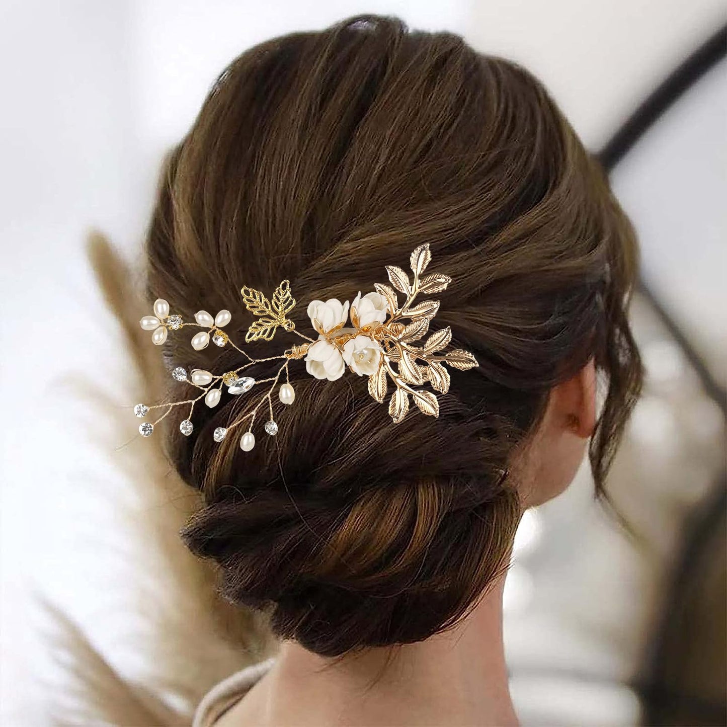 Bridal Hair Combs, Wedding Hair Comb Crystal Flower Hair Clips Bride Bridesmaid Hair Sides Comb Rhinestone Barrettes, Pearl Flower Hair Pins Hair Accessories for Women Girls (WhiteA)