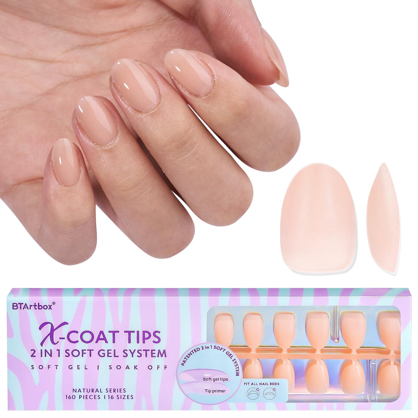 BTArtbox 160pcs Almond Plastic False Nails, Extra Short with Primer Cover, Jelly XCOATTIPS, 16 Sizes, Full Well Tips, Pressure Comfortable Wear, Last 28+ Days, Ideal Gift