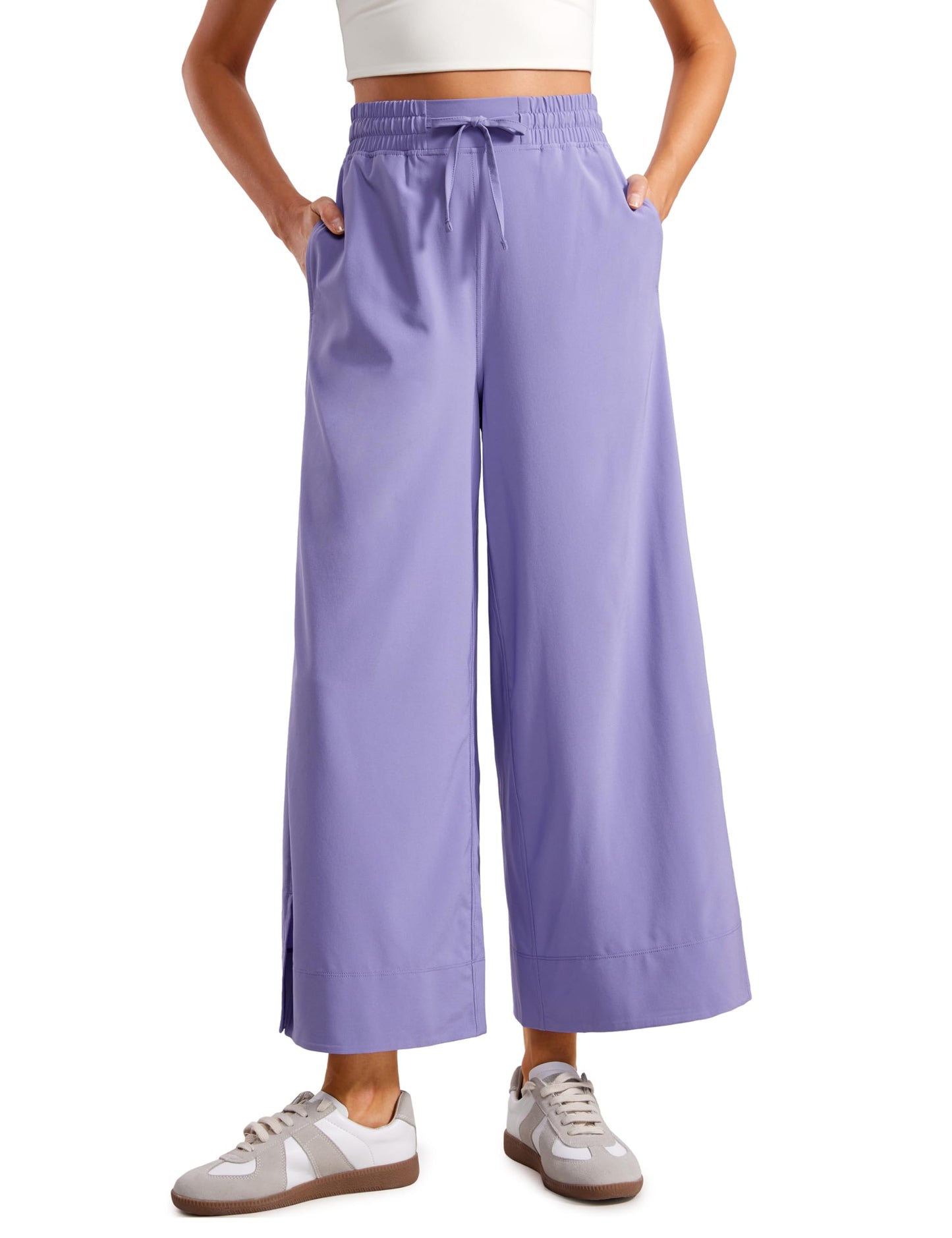 CRZ YOGA Lightweight Wide Leg Cropped Pants for Women High Waisted Loose Casual Lounge Travel Work Pants with Pockets Summer Dark Lavender Purple Small
