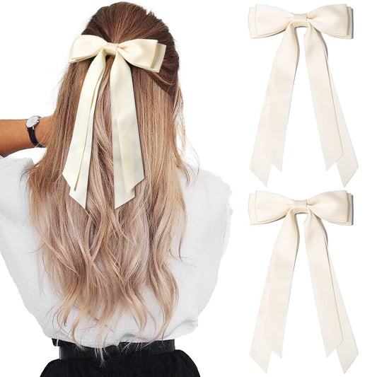 2Pcs Silky Satin Hair Bows Hair Clip Beige Hair Ribbon Ponytail Holder Accessories Slides Metal Clips Hair Bow For Women Girls T