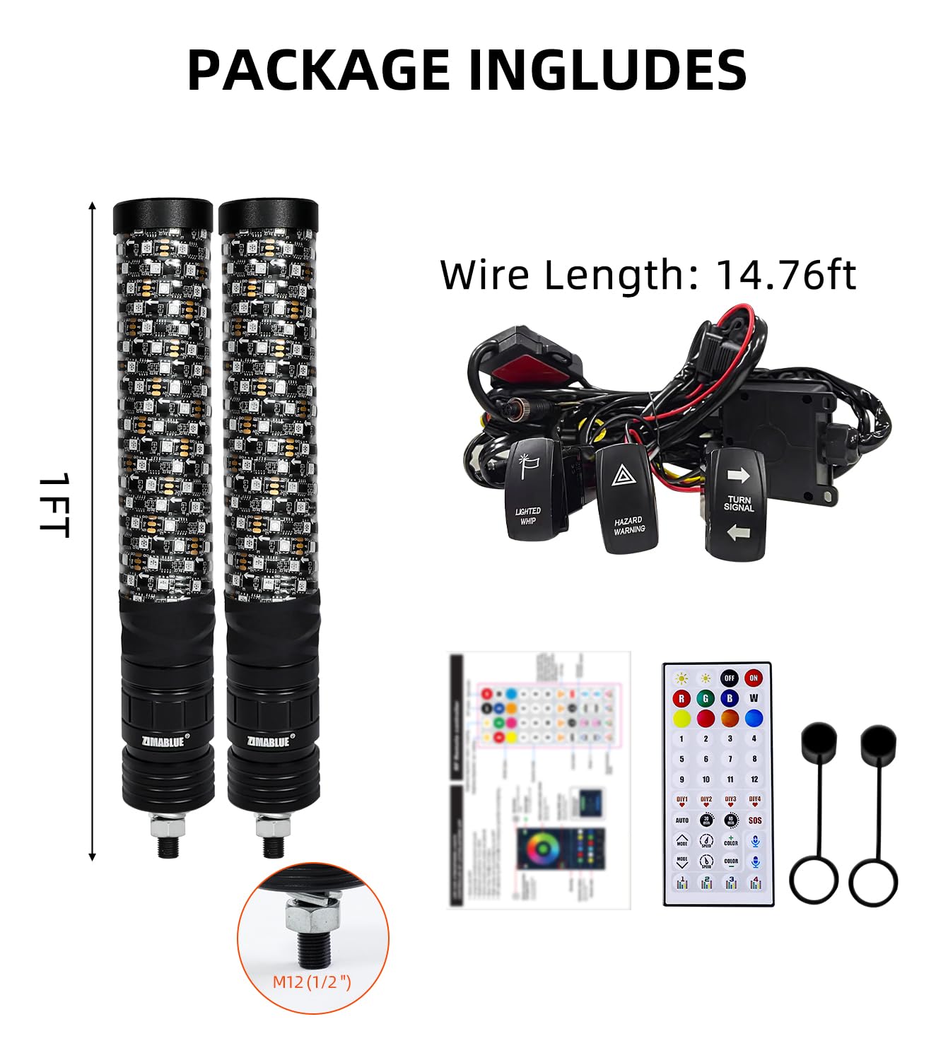 ZIMABLUE 2PC 1FT Fat Whip Lights for Side by Side, App & Remote Control RGB Chasing Light Whip with 3 Switchs for ATV UTV Dune Buggy Truck,LED Whip Light Compatible with Polaris RZR Can-Am Maverick X3