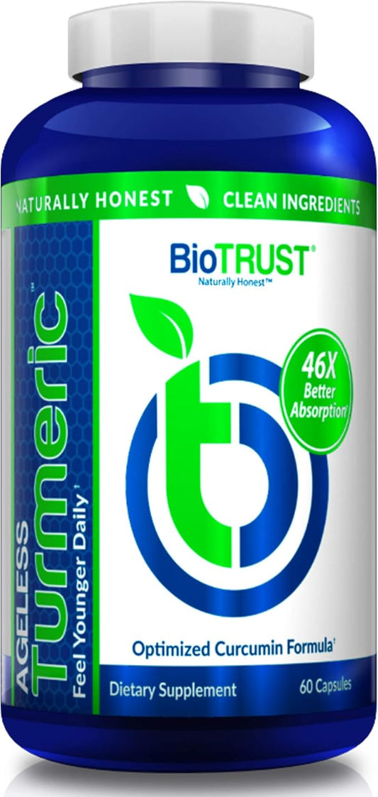 BioTrust Ageless Turmeric Supplement - CurcuWIN Turmeric Curcumin with Ginger Extract - 46x More Bioavailable, High Absorption, Long Lasting - Antioxidant Support (60 Capsules)