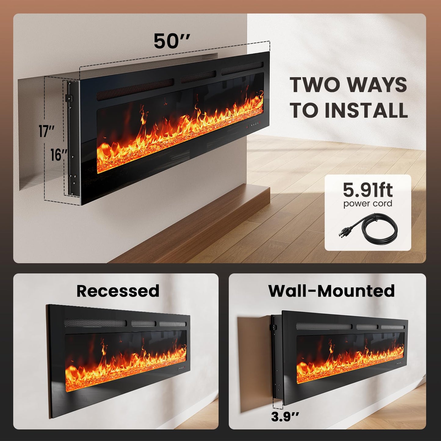 Silonn 50″Smart Electric Fireplace Heater with App & Remote Control, 5300 BTU Heat Output, Ultra-Slim Wall-Mounted or Recessed Electric Fireplace Inserts with Timer, 20 Flame Colors,WiFi Enabled