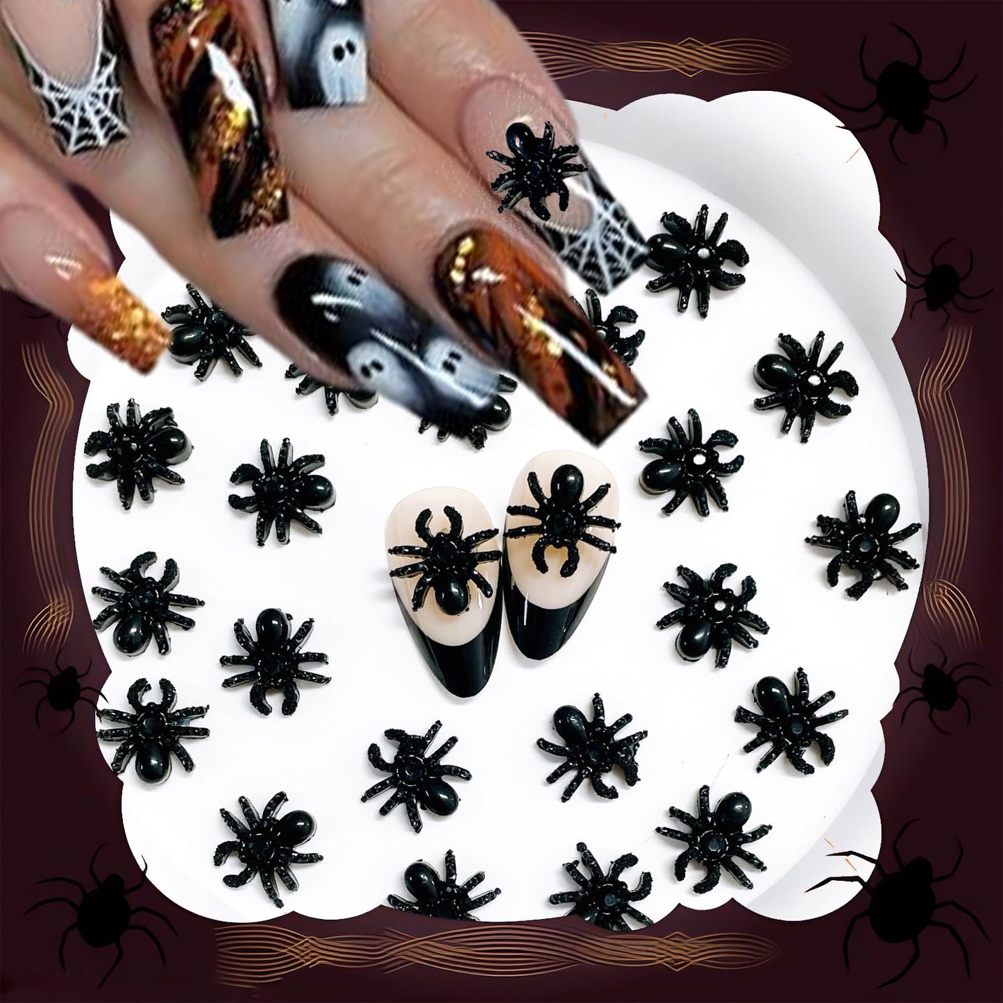 50pcs 3D Black Spider Nail Charms & Gems - Halloween DIY Nail Art Supplies