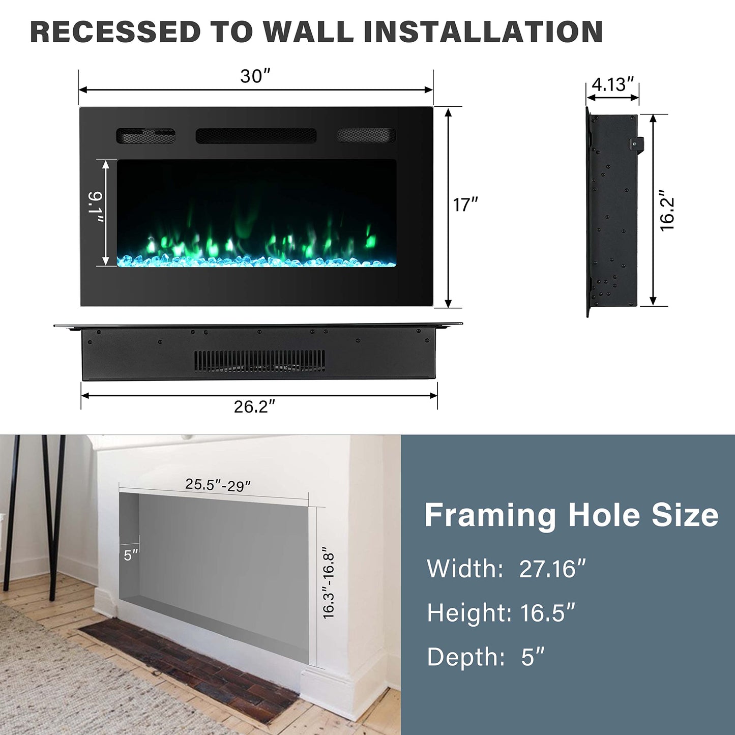 Cozy Daisy Electric Fireplace Heater,Wall Mounted and in-Wall Recessed,with Touch Screen, Realistic 12 Color Flame, Remote Controller/Log & Crystal Hearth Options,750W-1500W,Black (30 inch)