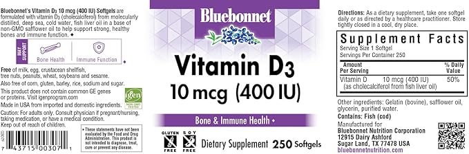 Bluebonnet Nutrition Vitamin D3 400 IU Softgels, Aids in Muscle and Skeletal Growth, Cholecalciferol from Fish Oil, Non GMO, Gluten Free, Soy Free, Dairy Free, 250 Softgels