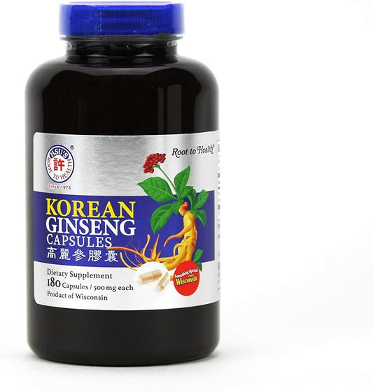 HSU’s Korean Ginseng SKU 1511 | Korean Ginseng Capsules 180 ct | Cultivated Wisconsin Korean Ginseng Direct from Hsu's Ginseng Gardens | 许氏高麗参膠囊 180 粒 | 500 mg 180 ct Capsules Bottle