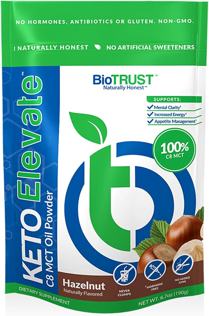 BioTrust Keto Elevate – Pure C8 MCT Oil Powder – Ketogenic Diet Supplement & Paleo Coffee Creamer for Clean Energy, Mental Focus, and Clarity – Non-GMO 100% Caprylic Acid (Hazelnut, 20 Servings)