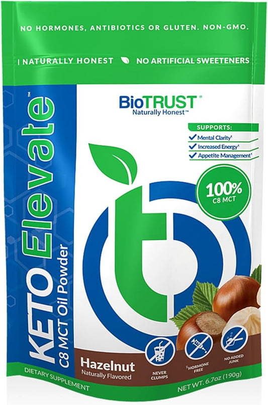 BioTrust Keto Elevate – Pure C8 MCT Oil Powder – Ketogenic Diet Supplement & Paleo Coffee Creamer for Clean Energy, Mental Focus, and Clarity – Non-GMO 100% Caprylic Acid (Hazelnut, 20 Servings)