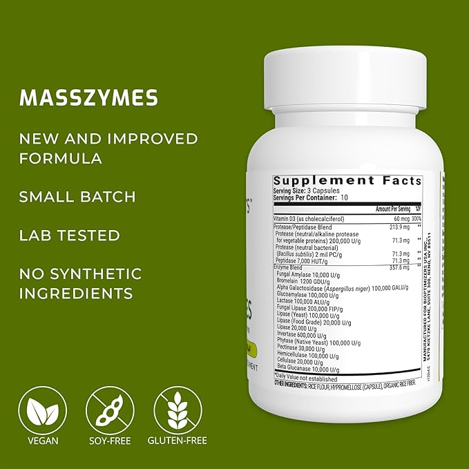 BIOptimizers MassZymes Digestive Enzymes Supplement – Max Nutrient Absorption, Boost Energy, Reduce Bloating – Health Vegan Dairy-Free – Muscle Recovery, Gut Health & Clarity - 100,000 Units 30 Caps