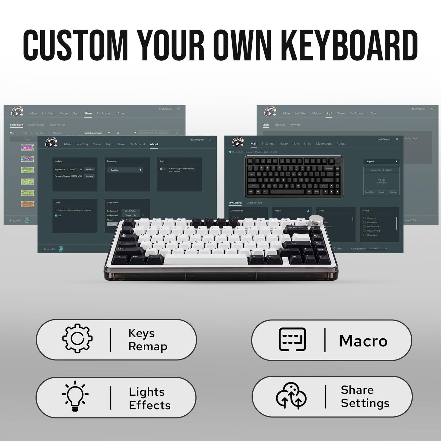 KiiBoom Breeze 75 75% CNC Aluminum and Acrylic Mechanical Gaming Keyboard, USB-C/BT5.0/2.4GHz Wireless Creamy Keyboard, with Gasket Structure, RGB, 8000mAh Battery for Win/Mac (Black)