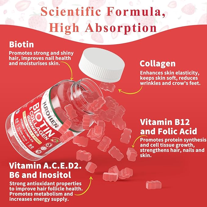 Hair Skin and Nails Gummies, 10000mcg Biotin Collagen Gummies for Women & Men, Vitamin Supplements Supports Faster Hair Growth, Stronger Nails, Healthy Skin, Strength Bone, 90 Gummies