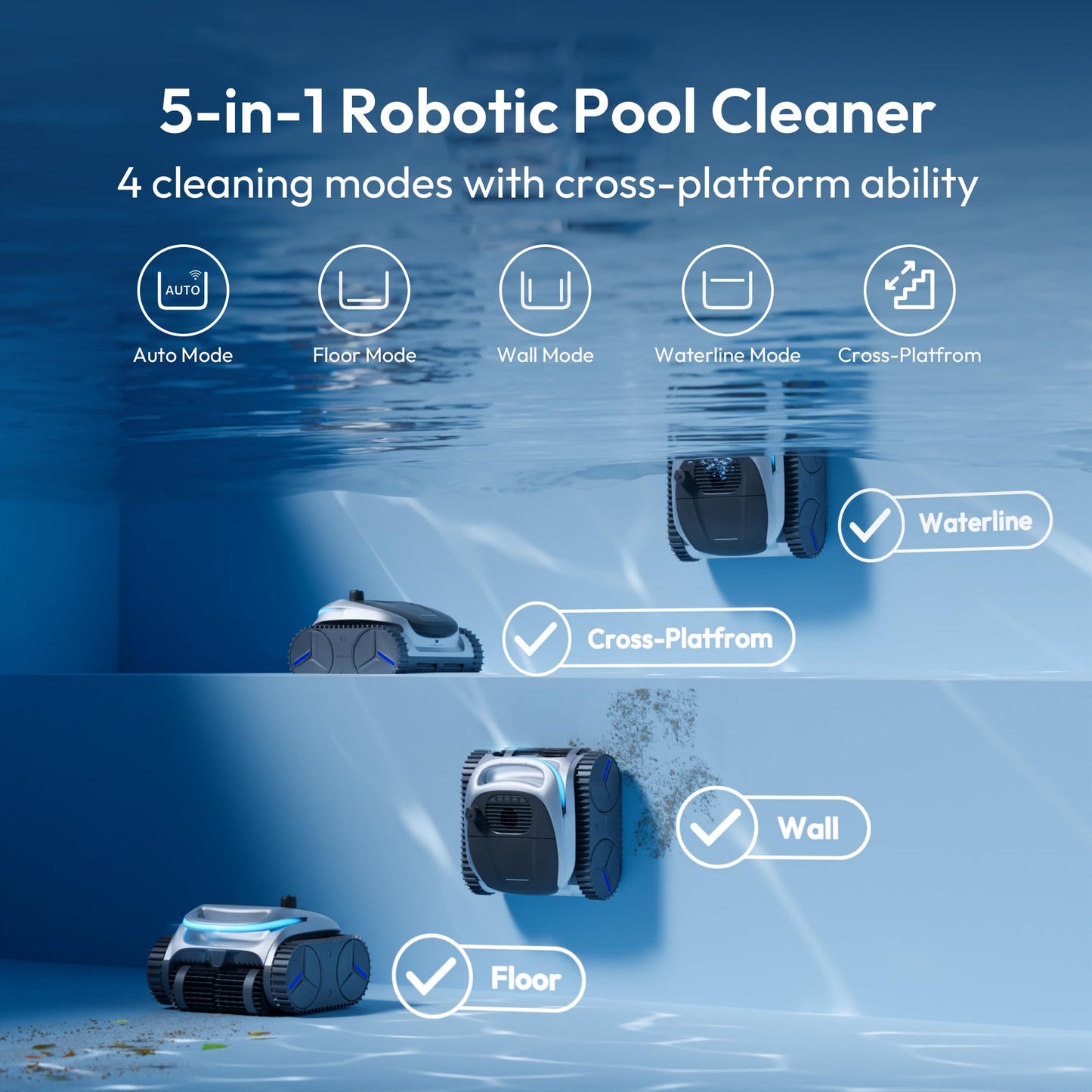 BUBLUE C20H Robotic Pool Cleaner, Corded & Cordless - Hybrid Pool Vacuum Robot, Superior Suction, Smart Navigation, APP Control, Floor/Wall/Waterline, for Above & In-ground Pools up to 1,615 Sq.Ft
