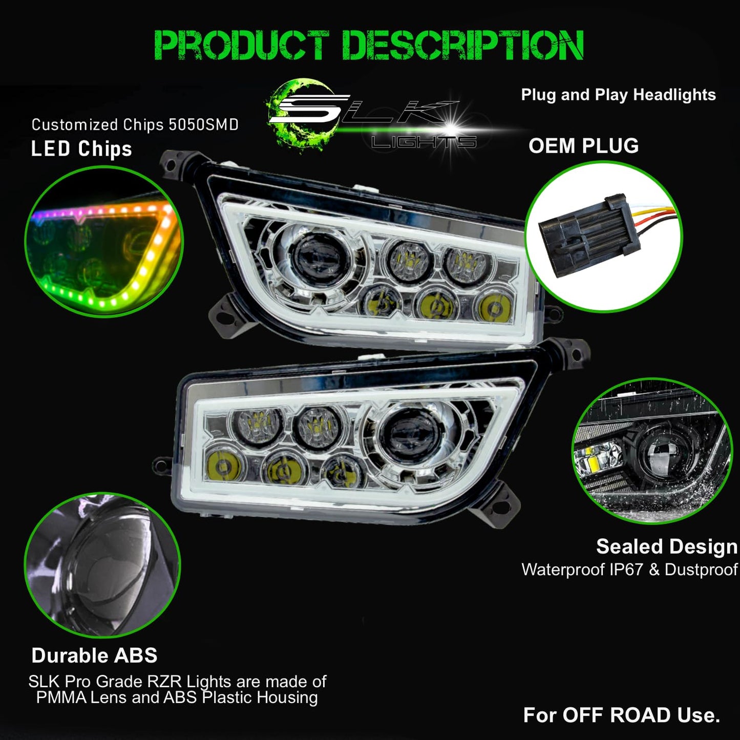 SLK Lights 2024 Improved RZR LED Headlight RGB Halo Compatible With Polaris General, RZR 900s, Razor 1000 XP Turbo (Fits: 2014-2024) (Chrome RGB Halo)