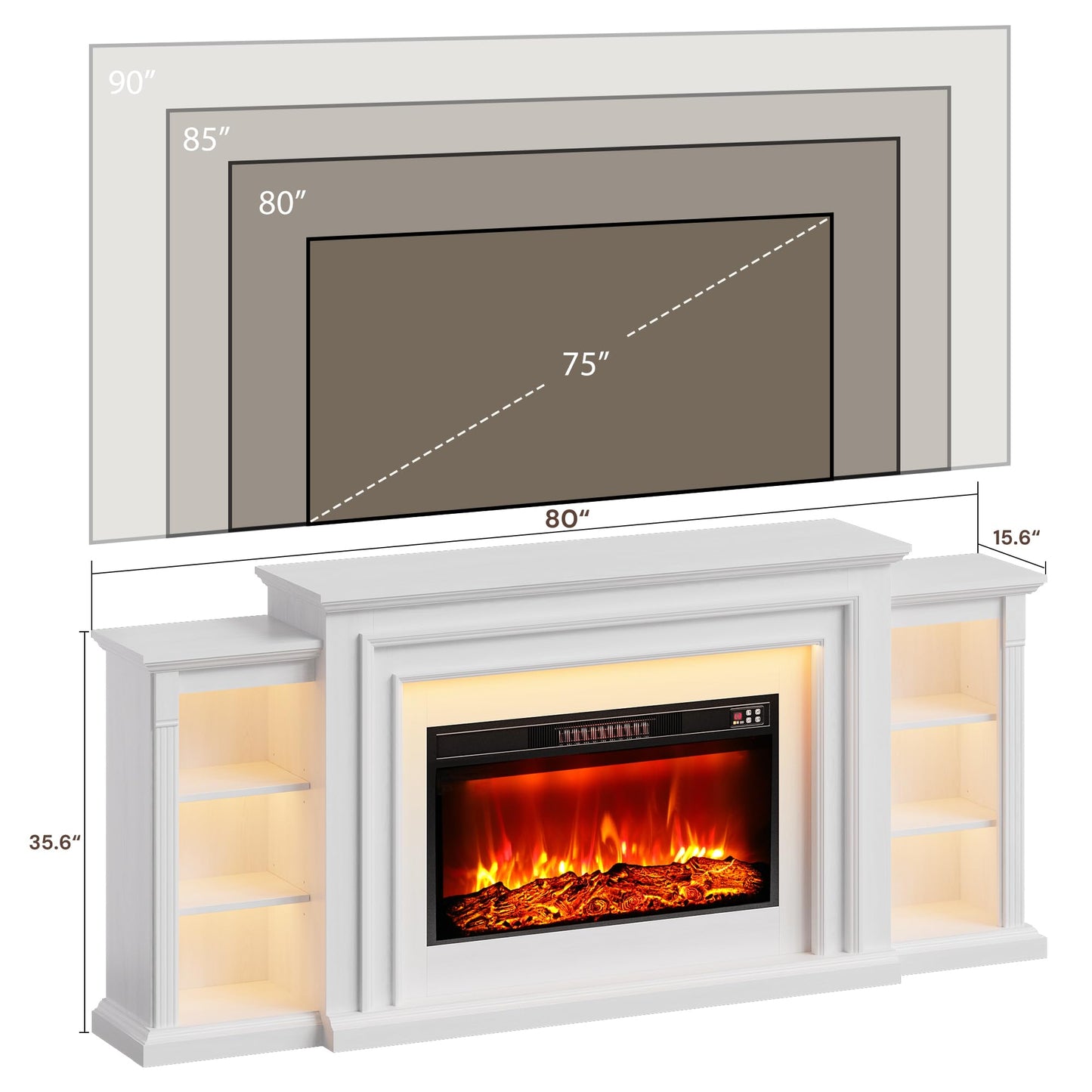 80" Electric Fireplace Entertainment Center with Mantel – Freestanding Heater TV Stand, Adjustable Flame, Remote Control, LED Light, Stylish Storage for Living Room and Bedroom, White