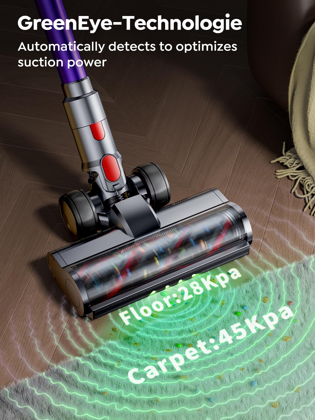 Cordless Vacuum Cleaner, 550W 45KPA 60 Mins Runtime Vacuum Cleaners for Home, Stick Vacuum with Self-Standing, Wall Mount Charging and Intelligent Auto Mode, Handheld Vacuum for Pet Hair/Carpet/Floor