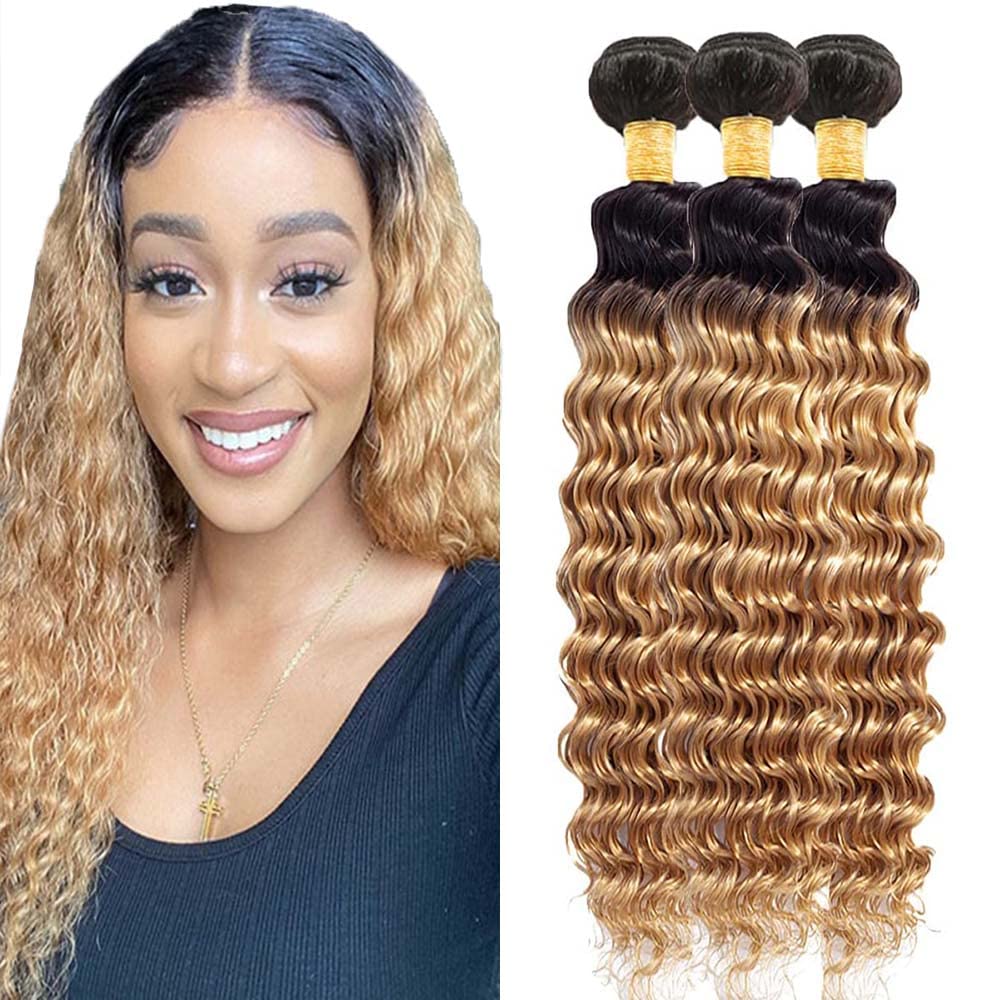 12 14 16 inch Honey Blonde Bundles Human Hair Ombre Bundles 1B27 Honey Blonde Deep Wave Bundles Grade 8A Black And Honey Blonde Bundles Human Hair Wet and Wavy Human Hair Bundles