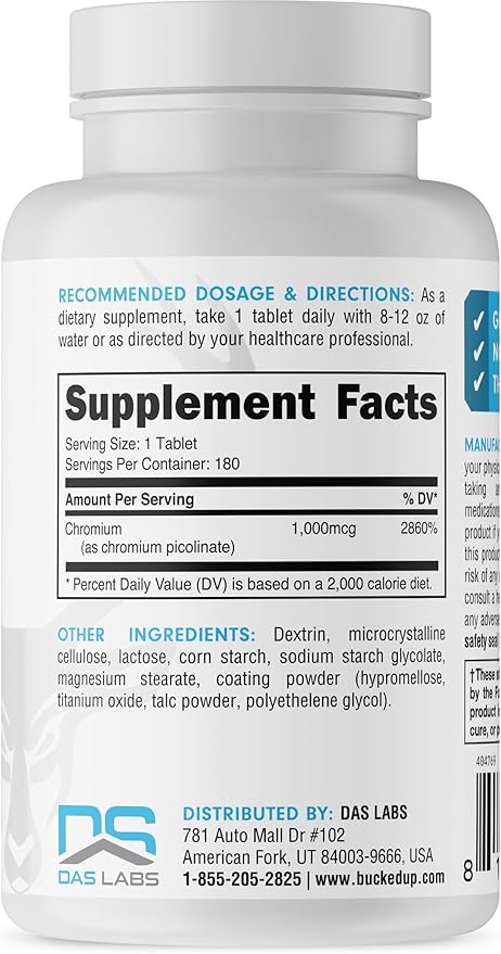 Bucked Up Chromium Picolinate 1000mcg Per Serving, Bucked Up Essentials (180 Servings, 180 Tablets)