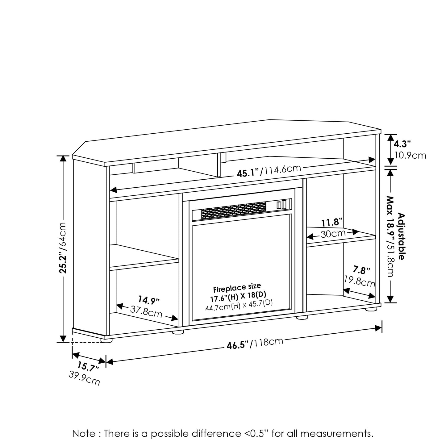 Furinno Jensen Corner TV Stand with Fireplace for TV up to 55 Inches, French Oak Grey