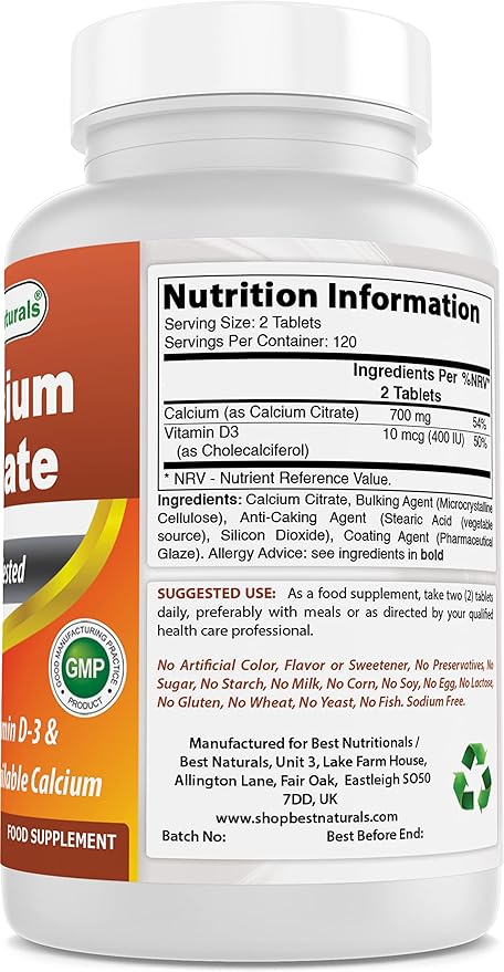 Best Naturals Calcium Citrate with Vitamin D-3 240 Tablets (240 Count (Pack of 2))