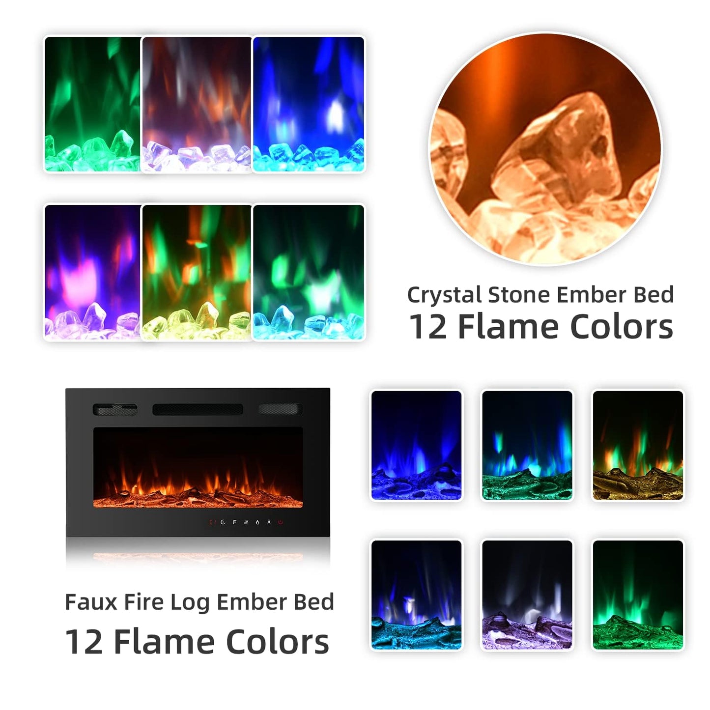 EROMMY 40 in Electric Fireplace Insert, Recessed and Wall Mounted Fireplace with Timer, Remote Control, Touch Screen, Overheating Protection, Log&Crystal, 12 Adjustable Flame,750/1500W