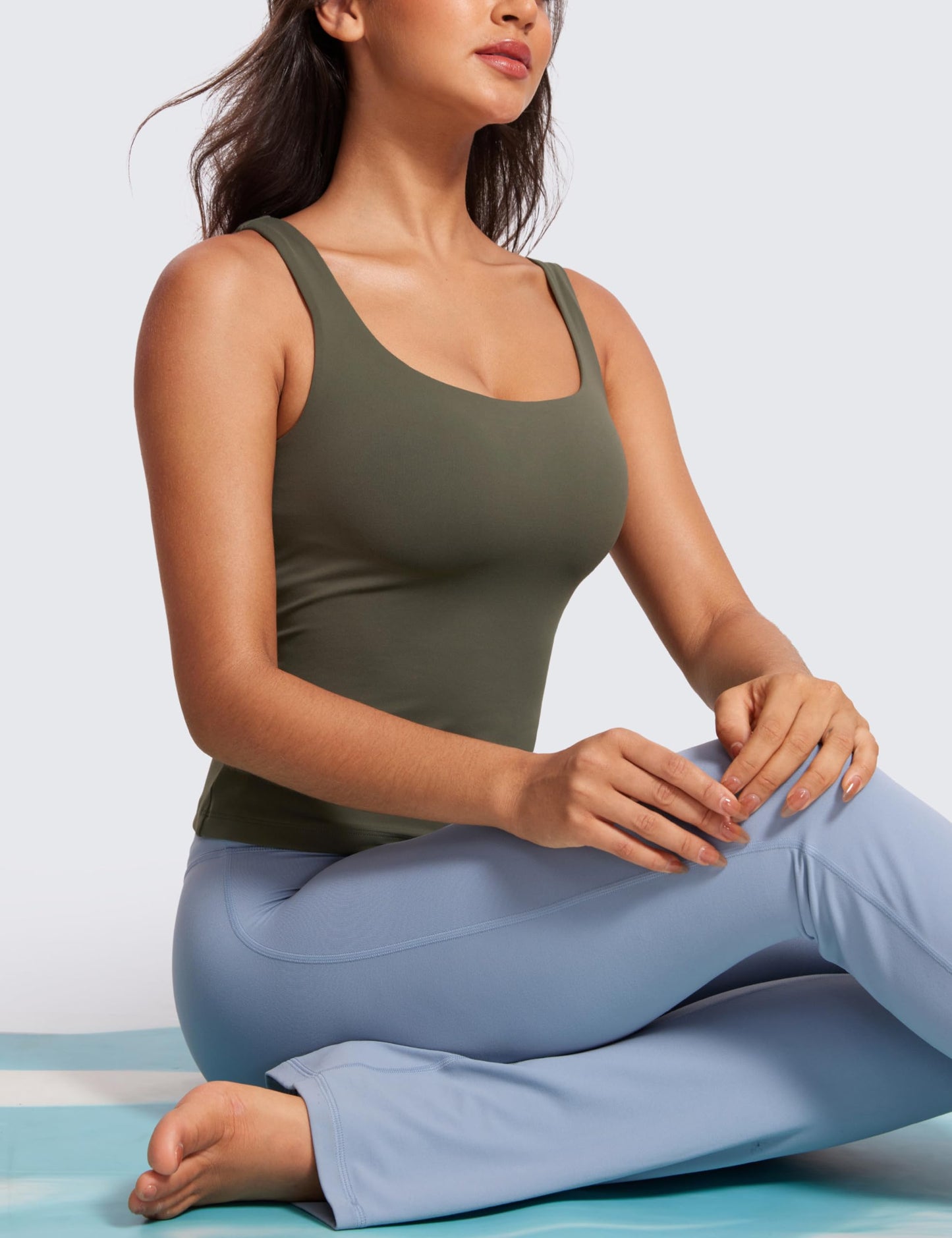 CRZ YOGA Butterluxe Workout Tank Tops for Women U Neck Padded Crop Tops Athletic Camisole Tops with Built in Bra Light Army Green Medium