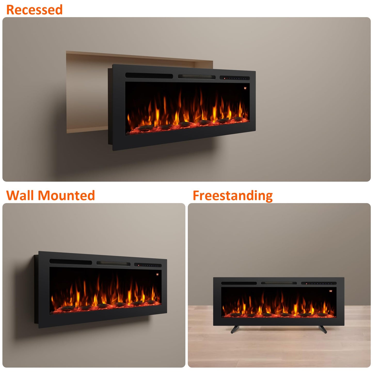Rodalflame 54" Electric Fireplace Inserts, Adjustable Flame&Speed, Thermostat Heater, Recessed, Wall Mount, Freestanding, Brightness, Child Lock, Timer