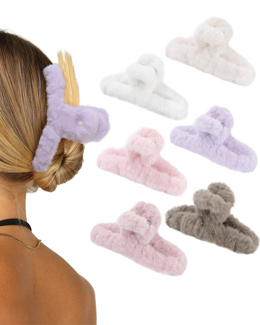 Plush Claw Clip for Thick Hair - 6 Pcs Rectangular Cute Hair Clips & Barrettes for Women, Large Non-Slip Jaw Clips for Thin Hair/Girls (Purple/Pink/Khaki/Light Pink/Beige)