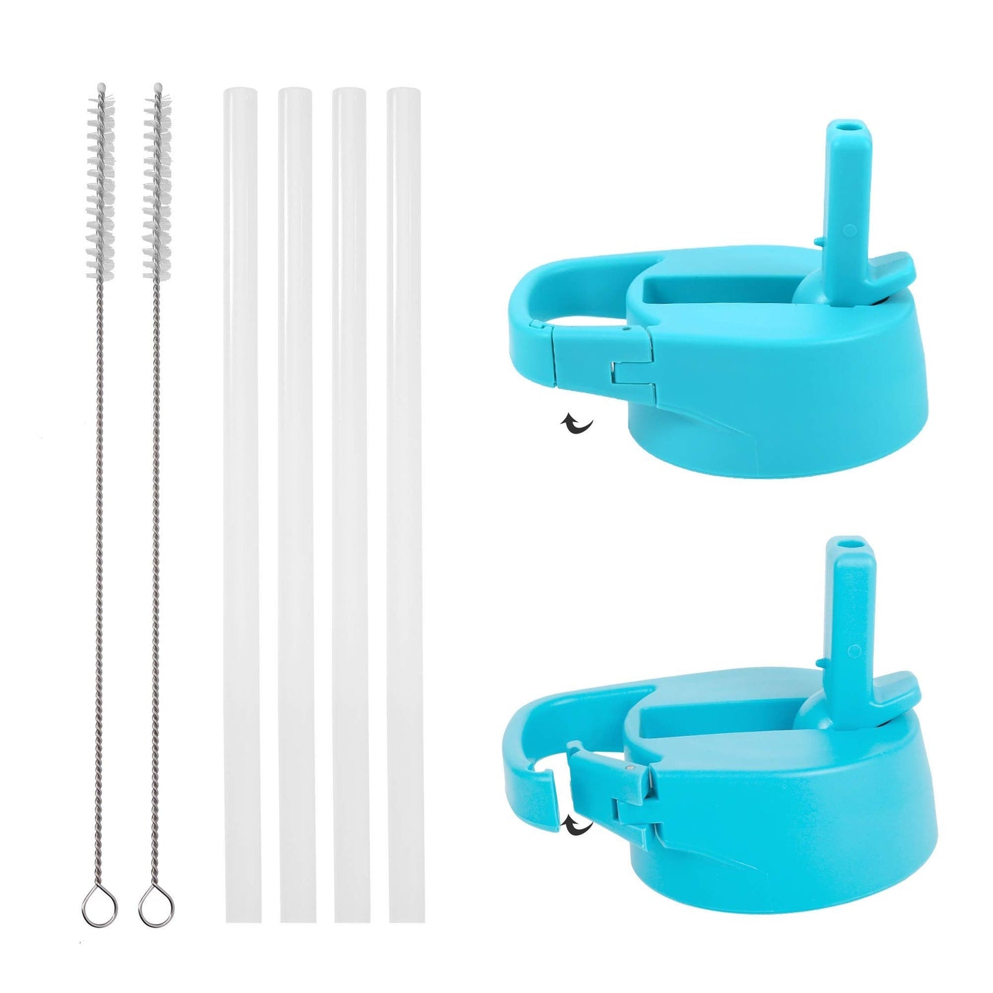 IRON °FLASK Carabiner Straw Lid for Wide Mouth Insulated Sports Water Bottles, Simple BPA Free, 2 Lids, 4 Straws, 2 Cleaning Brushes (Aquamarine)