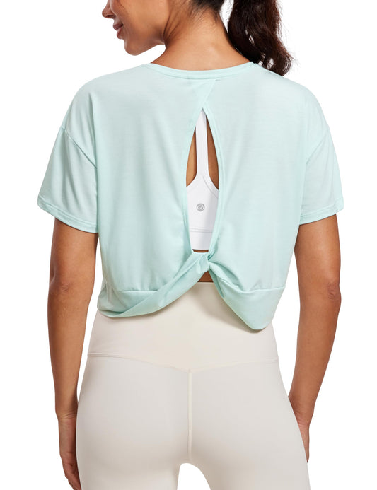 CRZ YOGA Open Back Short Sleeve Crop Top for Women Loose Athletic Yoga Workout Tops Casual Cropped Tee Shirts Skylight Green Small