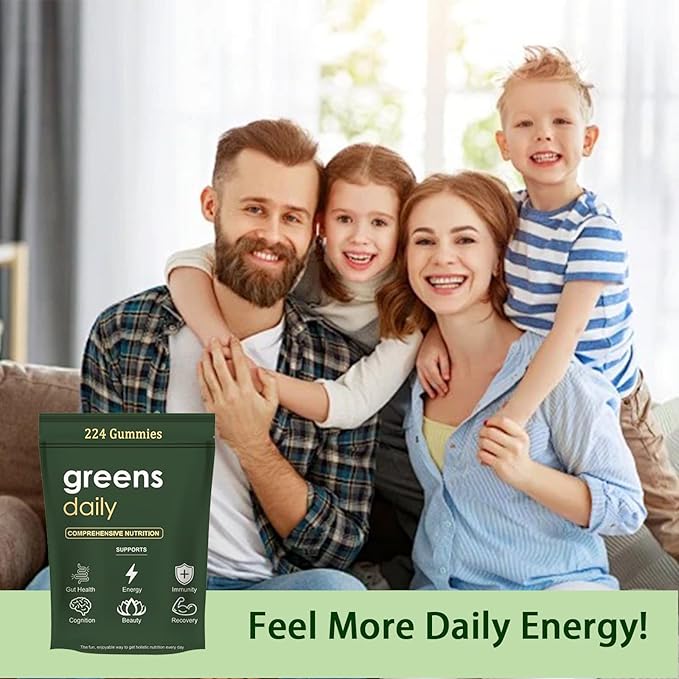 Greens Gummies, Daily Greens Gummies with Chlorella and Spirulina, Digestive & Gut Health, Multi-Vitamins & Minerals, 224 Gummy Bear