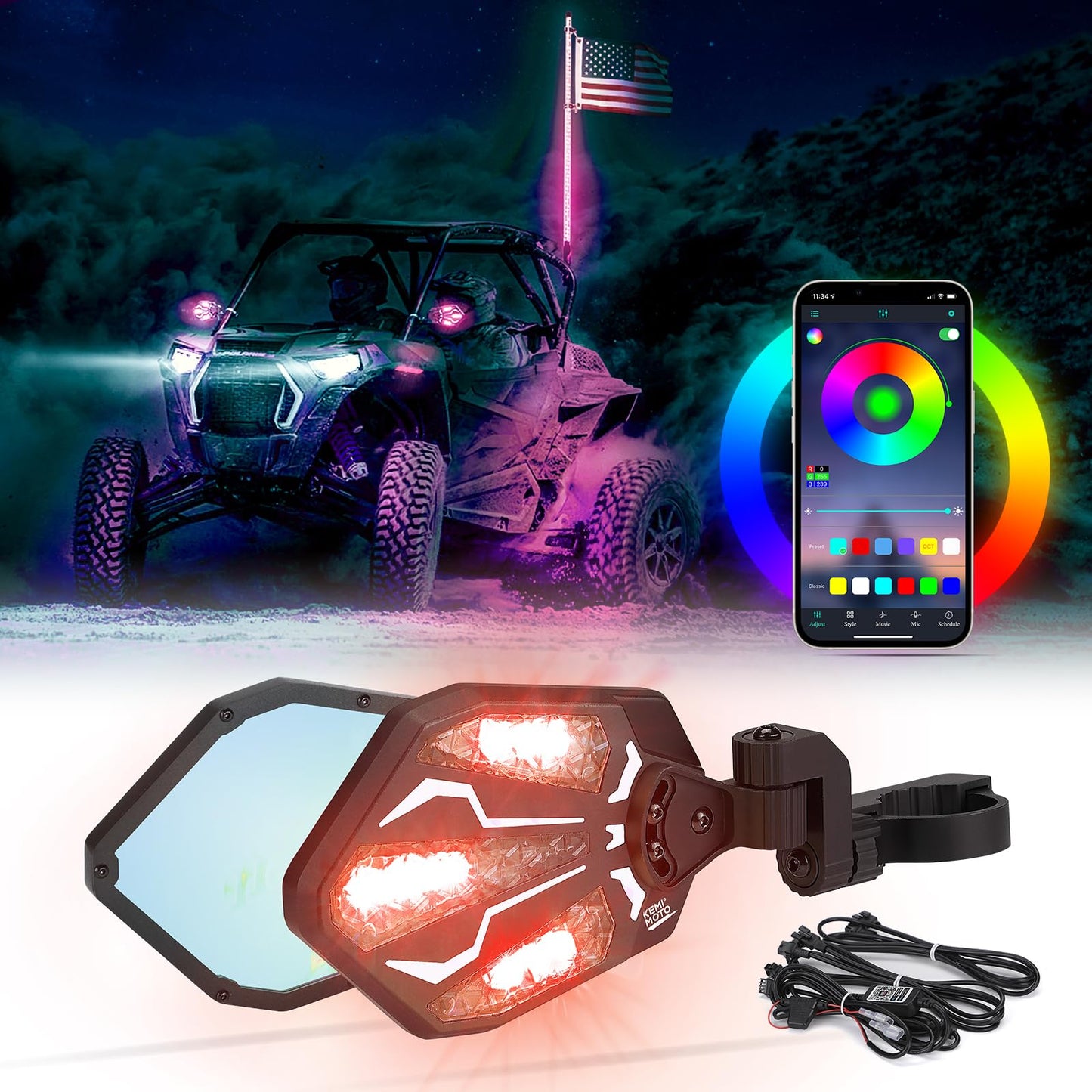 KEMIMOTO UTV Lighted Side Mirrors, RGB Aluminium UTV Mirror with 29 Color Modes for 1.6"-2" Roll Bar Compatible with Can-Am Maverick X3, Polaris RZR, Pioneer, Talon, Teryx, Mule, CFMOTO Rear View