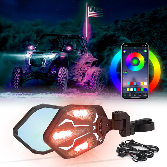 KEMIMOTO UTV Lighted Side Mirrors, RGB Aluminium UTV Mirror with 29 Color Modes for 1.6"-2" Roll Bar Compatible with Can-Am Maverick X3, Polaris RZR, Pioneer, Talon, Teryx, Mule, CFMOTO Rear View