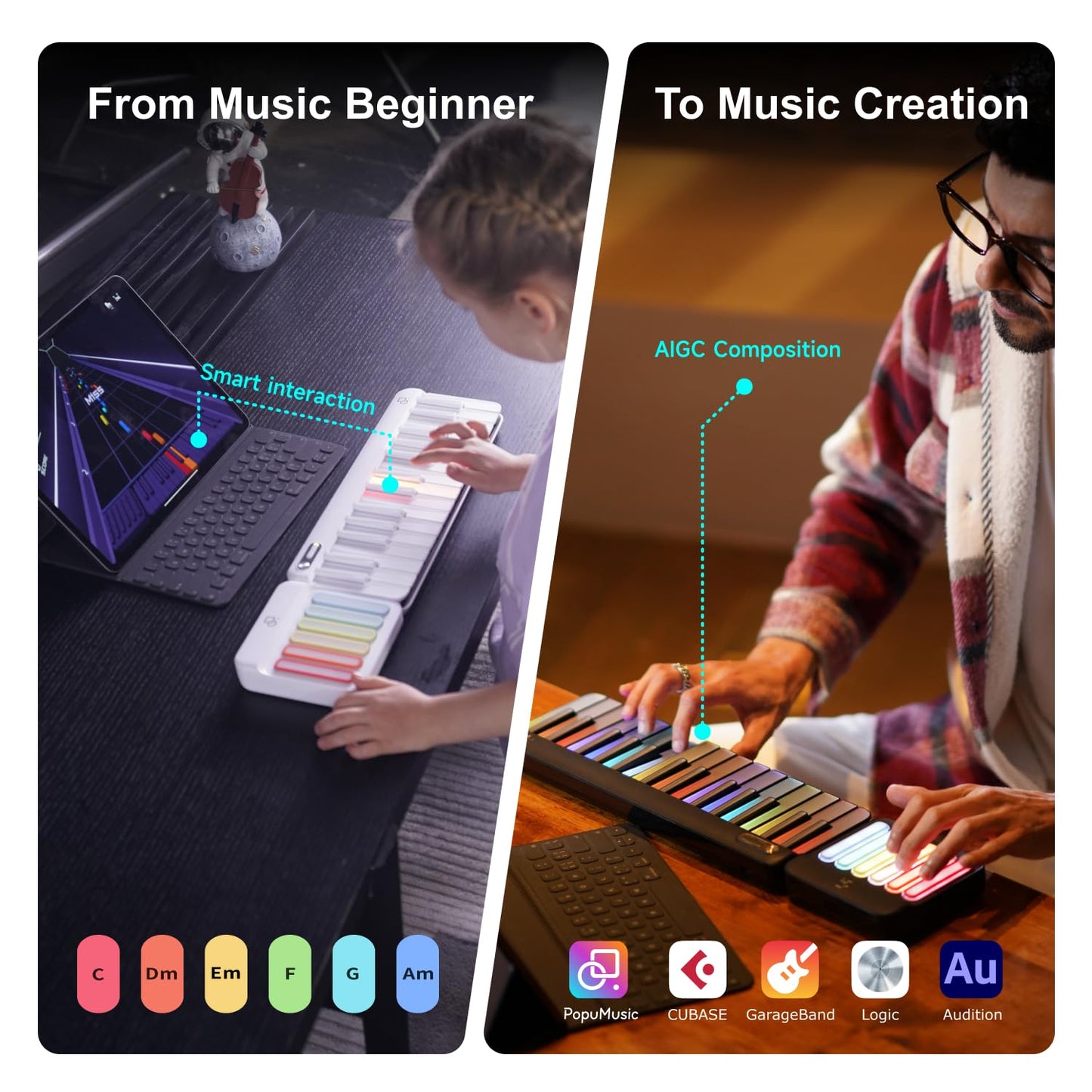 PopuPiano 24‑Key Expandable Smart Portable Modular Keyboard Extension Accessory (Requires Base Kit) RGB LED Keys One‑Man Band Mode MIDI & Bluetooth LE Compatible AI Composition 100+ Instrument Voices
