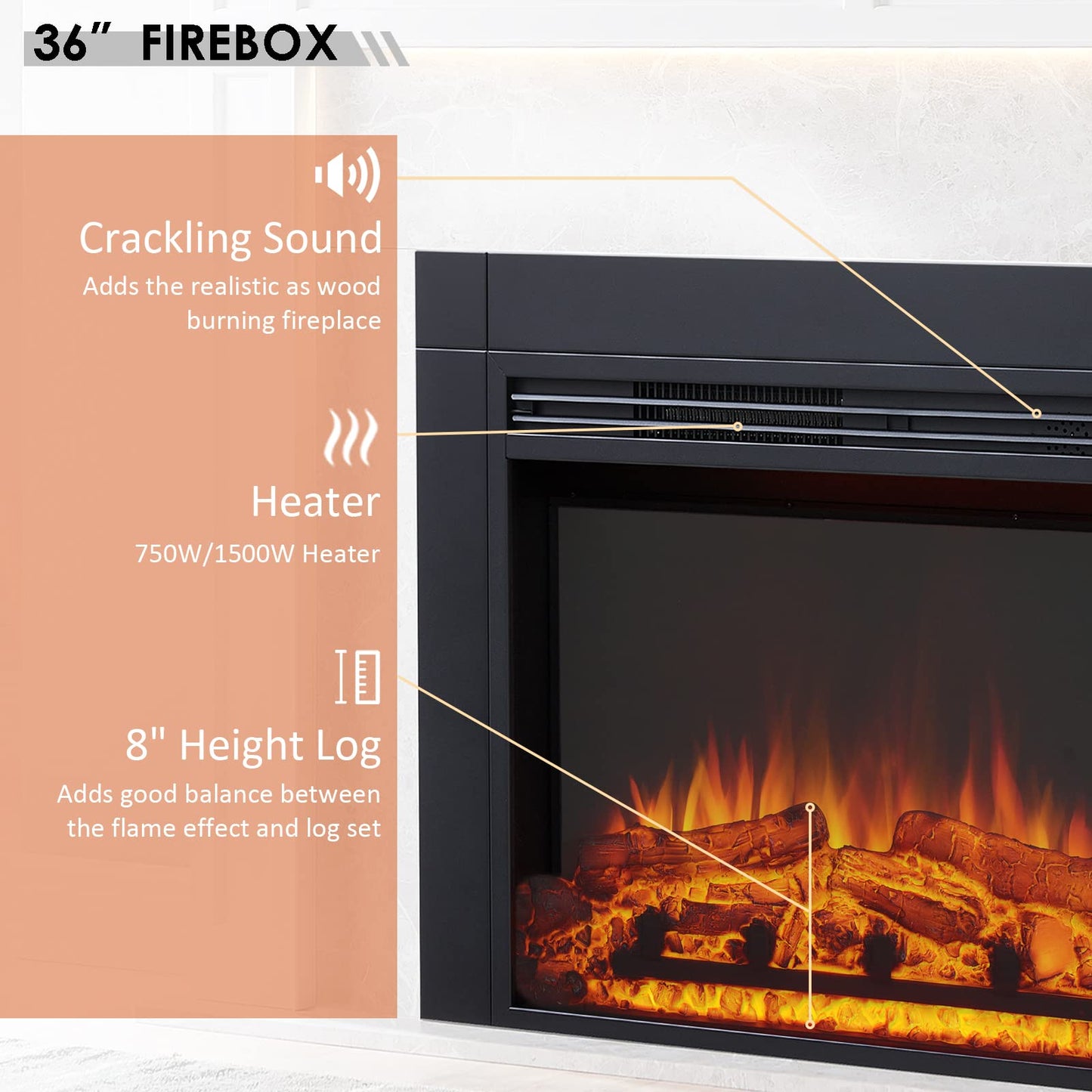 LegendFlame® Ashley Electric Fireplace with 60" Mantel Surround and Jaden 36" Insert, Cream White with Light Grey Marble Finish