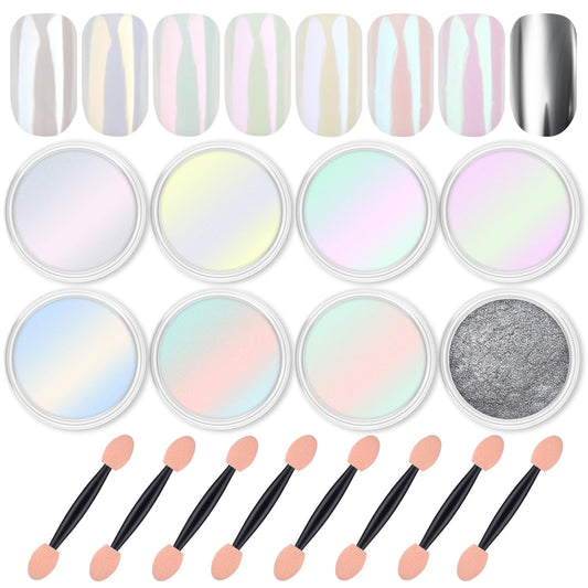 Artdone 8 Jars Chrome Nail Powder Magic White Pearl Kit Mirror Effect Silver Metallic Holographic Dip Nail Powder For Resin Craft & Nail Art Fimo, Decoration Iridescent Aurora Mermaid Pigment